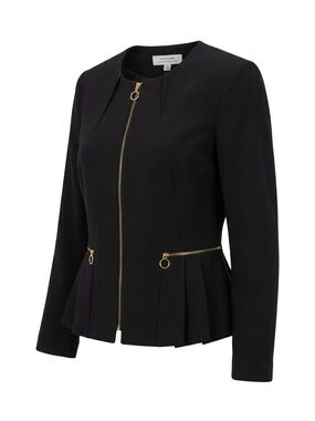 Tahari Black Collarless Peplum Jacket with Gold Zippers